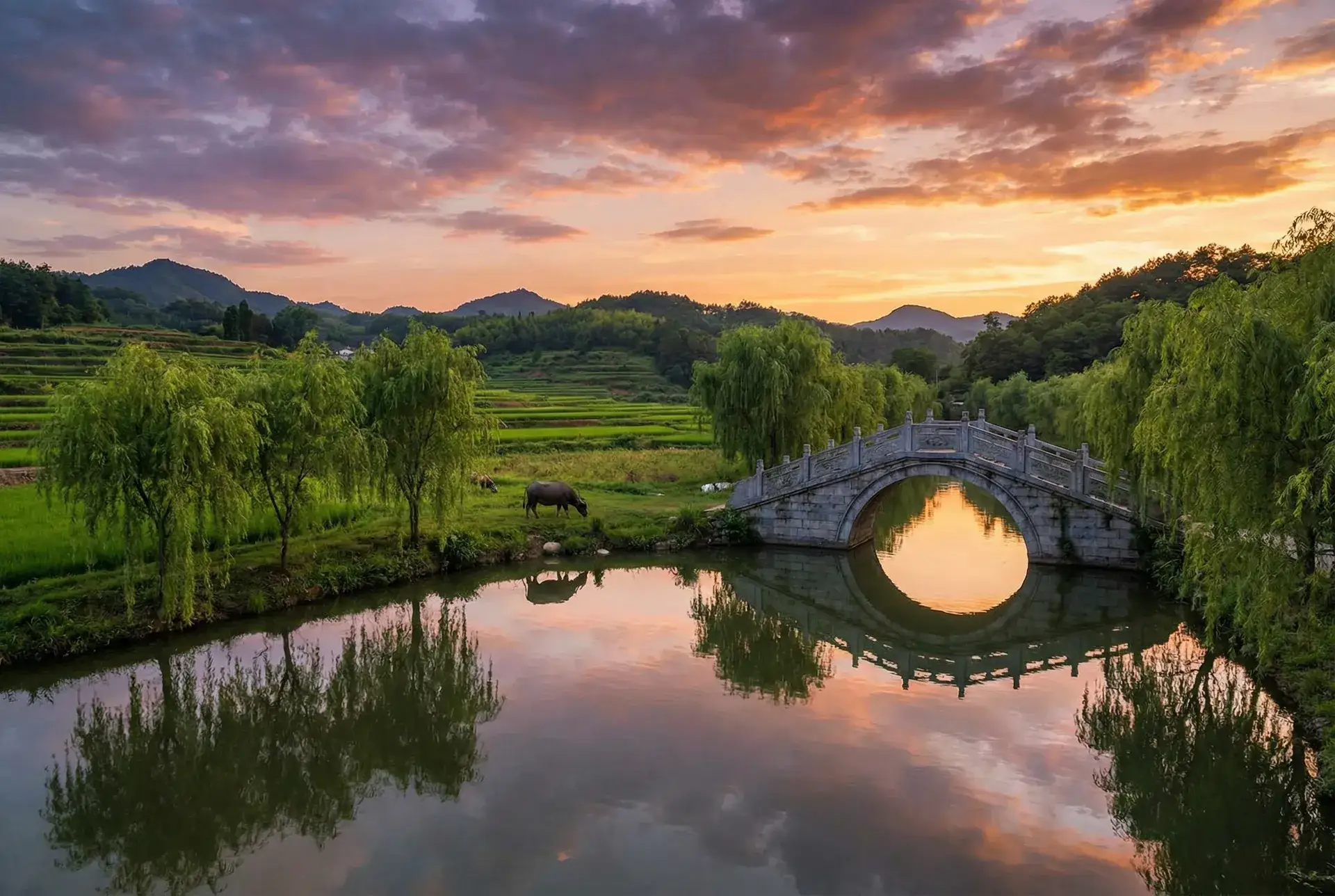 夕阳下的石拱桥与垂柳，水牛在河边吃草 - 杜雨露个人资料简介 乡村美景